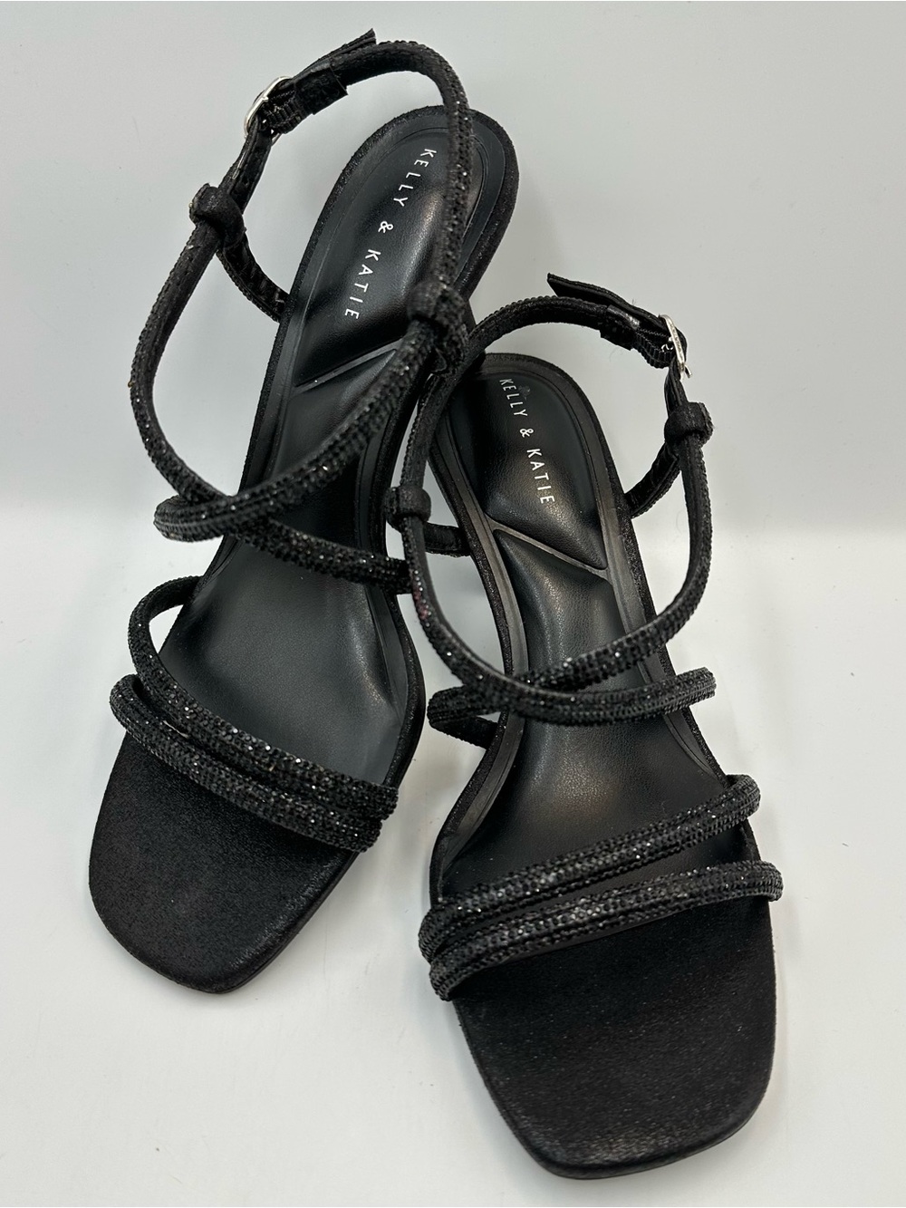 Kelly & Katie Lahayla Black Sparkle Strappy Sandal Heel Womens 7.5M Rhinestones